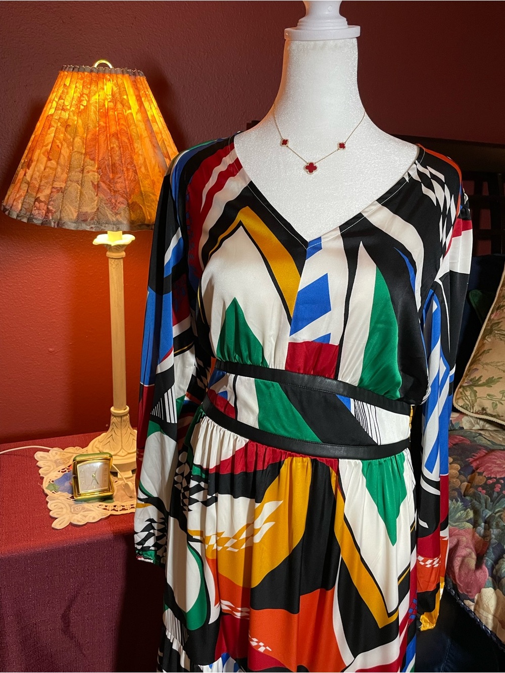 New York & Company Multicolor Geometric V-Neck Maxi Dress boho style - Picture 4 of 13